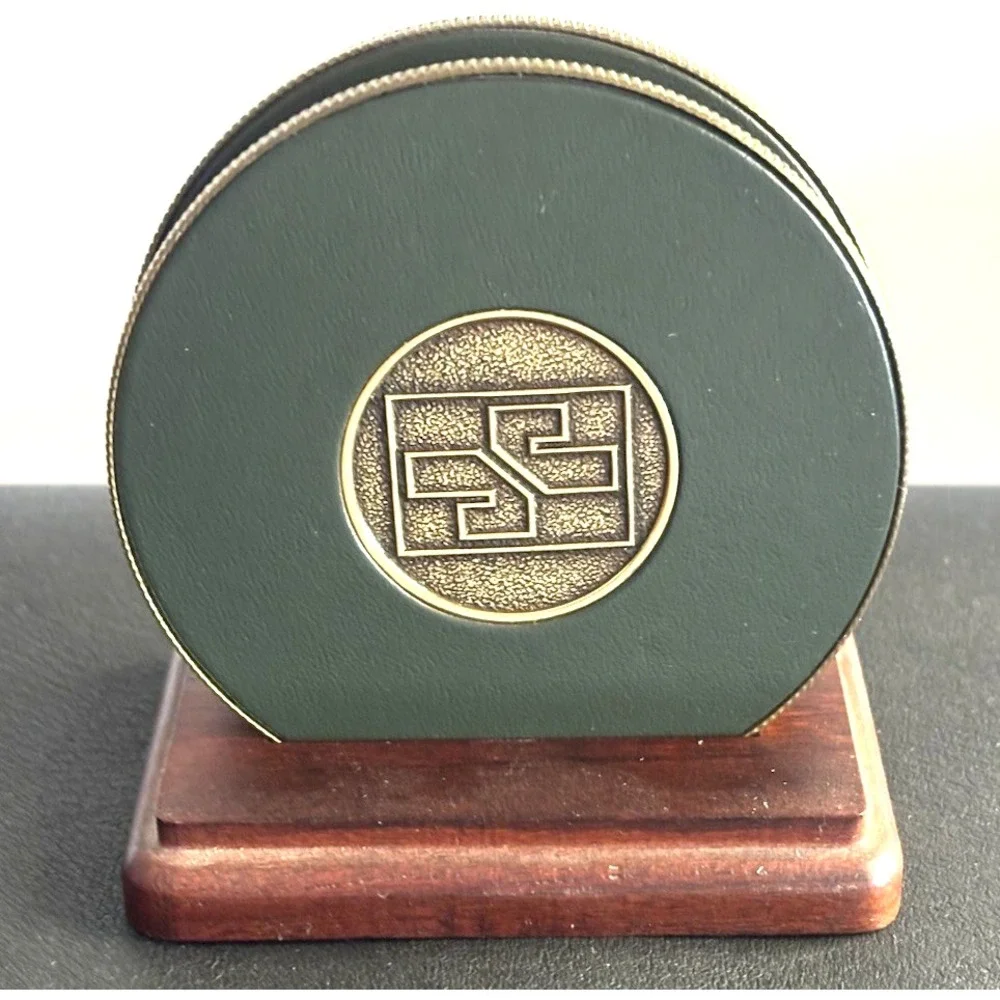 2 Piece Set of Vtg Asian Chinese Character Brass Detail Coasters w Wood Holder